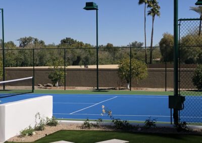 A bright blue tennis court with white lines is bordered by a green fence. Two tall palm trees stand in the background under a clear blue sky. Nearby are low plants and a white barrier.